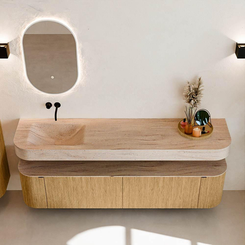 MONDIAZ THOR-DLUX Meuble de salle de bains - 190cm - arrondi gauche + droite - couleur Oak - 2 tiroirs - 2 portes - Vasque suspendue CLOUD Gauche sans trou de robinet - couleur Saba SW1466645