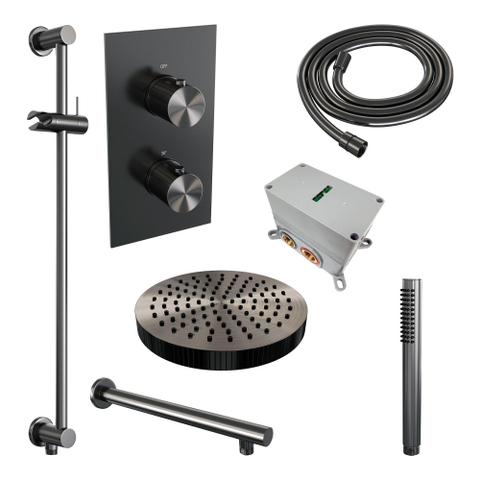 BRAUER Stripe Douche de tête thermostatique encastrable - 3 voies - rectangulaire - SET 19 - pomme de douche 25cm - bras mural droit - douchette à main barre - flexible de douche - barre coulissante intégrée - gunmetal brossé PVD SW1435251