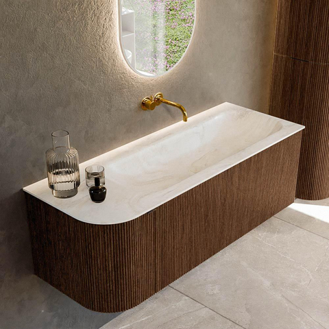 MONDIAZ KURVE-DLUX meuble de salle de bains 125 cm avec module 25 L couleur Walnut avec 1 tiroir et 1 porte. Lavabo BIG MEDIUM à droite sans trou de robinet couleur Ostra. SW1137831