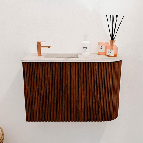 Mondiaz JOYA-DLUX Meuble WC - arrondi droit couleur Ruby - Vasque FAYE position Gauche 1 trou de robinet couleur Nata SW1425446