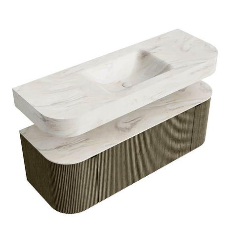 MONDIAZ THOR-DLUX 130cm meuble de salle de bains arrondi gauche + droite couleur Shadow avec 1 tiroir et 2 portes. Vasque suspendue CLOUD Milieu sans trou de robinet couleur Ostra. SW1463767