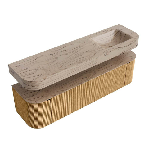 MONDIAZ THOR-DLUX 170cm badmeubel ronding links + rechts kleur Oak met 1 lade en 2 deuren. Vrijhangende wastafel CLOUD Rechts zonder kraangat kleur Arena. SW1465802