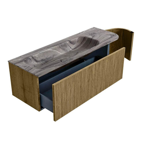 MONDIAZ KURVE-DLUX 135cm badmeubel ronding Rechts kleur Dusk met 1 lade en 1 deur. Wastafel BIG MEDIUM Links 1 kraangat Sombra. SW1433870