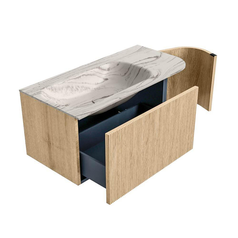 MONDIAZ KURVE-DLUX Meuble de salle de bains 95cm arrondi à droite couleur Chêne avec 1 tiroir et 1 porte. Lavabo BIG SMALL à gauche sans trou de robinet Nata. SW1432080