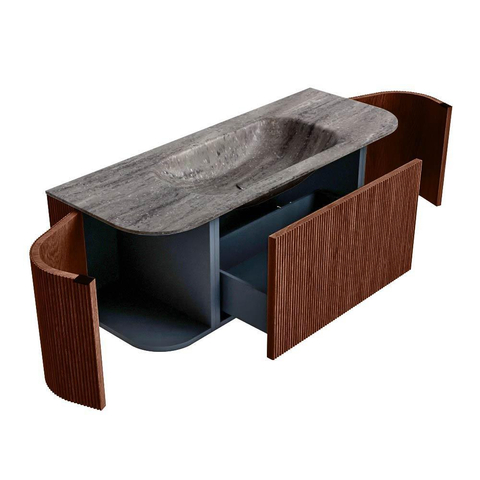 MONDIAZ KURVE-DLUX 120cm badmeubel ronding Links + Rechts kleur Ruby met 1 lade en 2 deuren. Wastafel BIG SMALL Midden zonder kraangat Oza. SW1432766