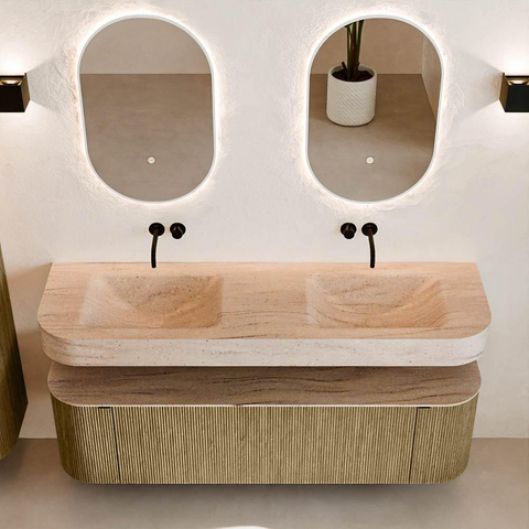 MONDIAZ THOR-DLUX 160cm meuble de salle de bains arrondi gauche + droite couleur Dusk avec 1 tiroir et 2 portes. Vasque suspendue CLOUD Double sans trou de robinet couleur Saba. SW1465338