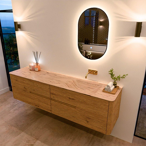 Mondiaz CIRO-DLUX Meuble de salle de bains - 190x45x50cm - Plan vasque solid surface Arena - 1 bassin à droite - sans trous de robinetterie - 4 tiroirs - Chêne SW1531407