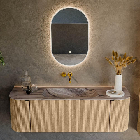 MONDIAZ KURVE-DLUX 140cm badmeubel ronding Links + Rechts kleur Oak met 1 lade en 2 deuren. Wastafel BIG SMALL Midden zonder kraangat Sombra. SW1433555