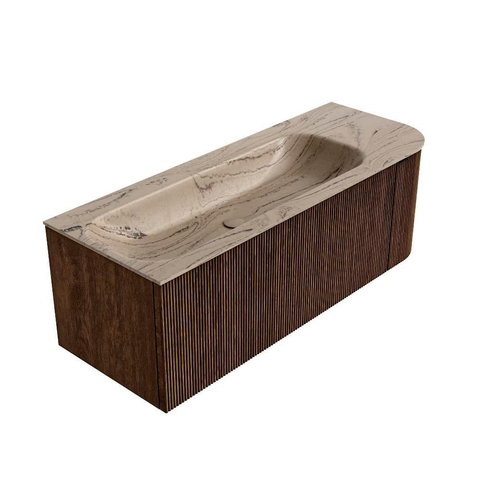 MONDIAZ KURVE-DLUX Meuble de salle de bains 125cm arrondi à droite couleur Walnut avec 1 tiroir et 1 porte. Lavabo BIG MEDIUM à gauche sans trou de robinet Arena. SW1431211