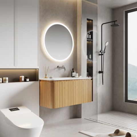 Royal Plaza Terra Ensemble meuble de salle de bains - 100x46.2x46cm - vasque en solid surface blanc brillant - 1 vasque - sans trou de robinet - 2 tiroirs - sandwood (chêne clair) SW1447023