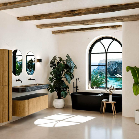MONDIAZ THOR-DLUX 140cm meuble de salle de bains arrondi gauche + droite couleur Oak avec 1 tiroir et 2 portes. Vasque suspendue CLOUD Double sans trou de robinet couleur Lava. SW1463962