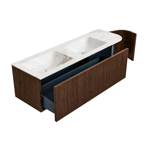 MONDIAZ KURVE-DLUX Meuble de salle de bains 145 cm avec module 25 R couleur Walnut avec 1 tiroir et 1 porte. Lavabo LEAF double / gauche sans trou de robinet couleur Frappe. SW1137465
