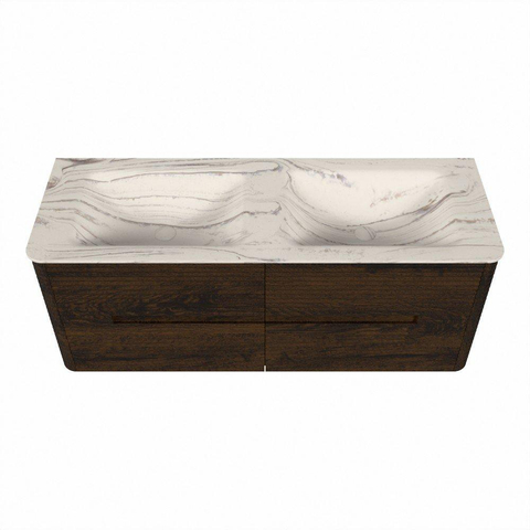 Mondiaz CIRO-DLUX Badkamermeubelset - 130x45x50cm - Solid surface wastafel Nata - 2 wasbak Dubbel - 2 kraangaten - 4 lades - Walnut SW1530559