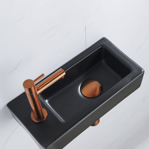 QeramiQ Fuente pack lave-mains – 37,5 x 18,5 x 9 cm – céramique noir mat – perçage à gauche – robinet cuivre brossé SW1232772