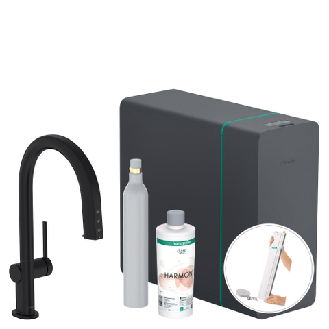Hansgrohe Aqittura M91 SodaSystem 210, uittrekbare uitloop 1jetsBox, starter set mat zwart SW1567463