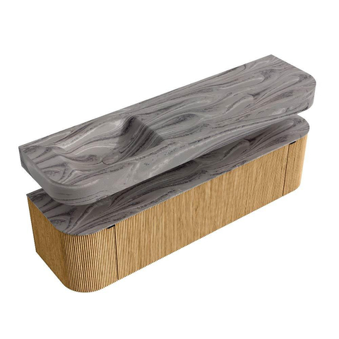 MONDIAZ THOR-DLUX 170cm badmeubel ronding links + rechts kleur Oak met 1 lade en 2 deuren. Vrijhangende wastafel CLOUD Links zonder kraangat kleur Sombra. SW1465840