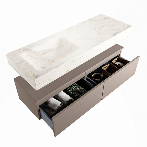 Mondiaz ALAN-DLUX Ensemble de meuble - 130cm - meuble Smoke mat - 2 tiroirs - Lavabo Cloud Ostra suspendu - vasque Gauche - 0 trous de robinet SW807239