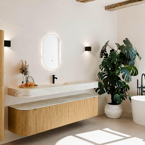 MONDIAZ THOR-DLUX 190cm meuble de salle de bains arrondi gauche + droite couleur Oak avec 2 tiroirs et 2 portes. Vasque suspendue CLOUD Milieu 1 trou de robinet couleur Ostra. SW1466402