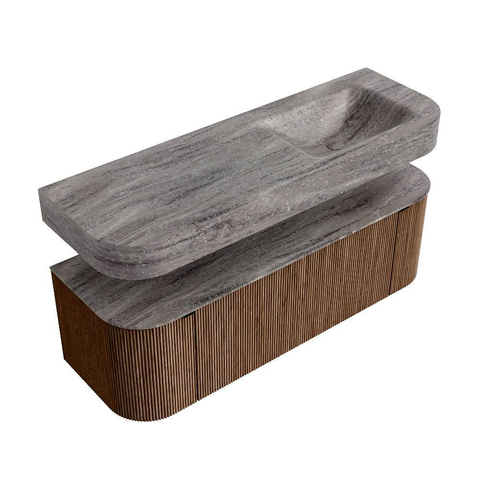 MONDIAZ THOR-DLUX Meuble de salle de bains 140cm arrondi gauche + droite couleur Walnut avec 1 tiroir et 2 portes. Vasque suspendue CLOUD Droite 1 trou de robinet couleur Oza. SW1464248