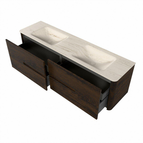 Mondiaz CIRO-DLUX Badkamermeubelset - 170x45x50cm - Solid surface wastafel Meli - 2 wasbak Dubbel - 2 kraangaten - 4 lades - Walnut SW1530526