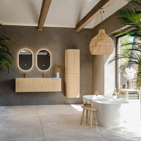 MONDIAZ KURVE meuble de salle de bains 145 cm avec module 25 R couleur Chêne avec 1 tiroir et 1 porte. Lavabo CLOUD double / gauche 2 trous de robinet Talc. SW1138247