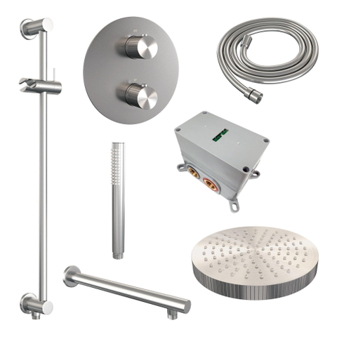 BRAUER Stripe Douche de tête thermostatique encastrée - 3 voies - ronde - pomme de douche 25cm - bras mural droit - douchette à main avec barre coulissante intégrée - flexible de douche - finition PVD brossée couleur inox SW1435242