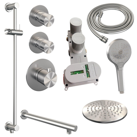 Brauer Brushed Edition Ensemble de douche encastrable - pomme de douche 20cm - 3 boutons - bras mural droit - barre curseur - partie encastrable - douchette ronde 3 jets - PVD - inox brossé SW374425
