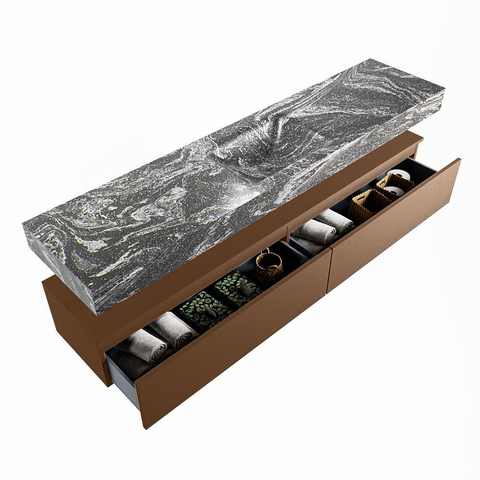 Mondiaz ALAN-DLUX Ensemble de meuble - 200cm - meuble Rust mat - 2 tiroirs - Lavabo Cloud Lava suspendu - vasque Centre - 1 trou de robinet SW808485