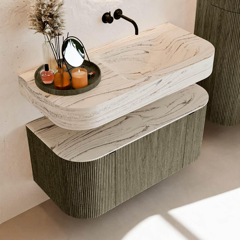 MONDIAZ THOR-DLUX 100cm meuble de salle de bains arrondi gauche + droite couleur Shadow avec 1 tiroir et 2 portes. Vasque suspendue CLOUD Droite sans trou de robinet couleur Nata. SW1467590