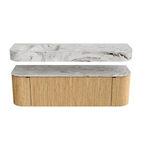 MONDIAZ THOR-DLUX 150cm badmeubel ronding links + rechts kleur Oak met 1 lade en 2 deuren. Vrijhangende wastafel CLOUD Links zonder kraangat kleur Glace. SW1464649