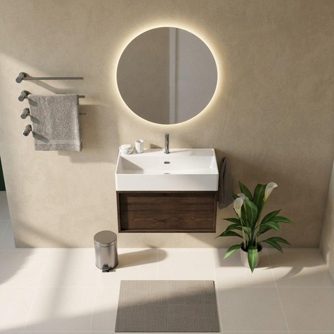 Saniclass Holz Frame Ensemble meuble de salle de bains - 80x45x52cm - Legend lavabo en céramique blanc - 1 vasque - 1 trou de robinetterie - 1 tiroir - chêne charcoal mat (bois) SW1478476