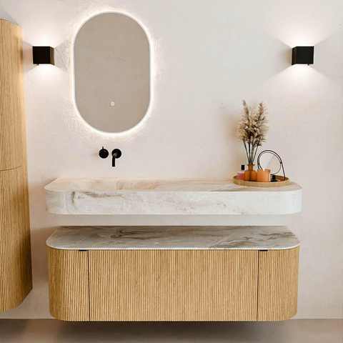 MONDIAZ THOR-DLUX Meuble de salle de bains 140cm arrondi gauche + droite couleur Oak avec 1 tiroir et 2 portes. Vasque suspendue CLOUD Gauche sans trou de robinet couleur Frappe. SW1467657