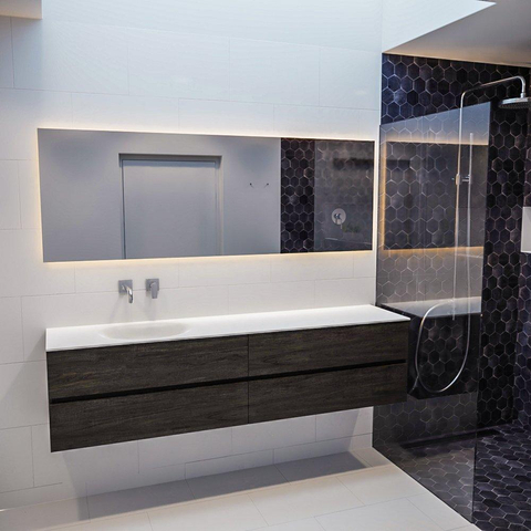 MONDIAZ VICA Ensemble de meuble salle de bain - 200cm - 4 tiroirs - lavabo Moon gauche - 0 trous de robinet - solid surface marron foncé SW410300