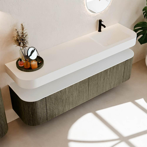 MONDIAZ THOR Meuble de salle de bains 180cm arrondi gauche + droite couleur Shadow avec 2 tiroirs et 2 portes. Vasque suspendue CLOUD Droite 1 trou de robinet couleur Talc. SW1466054