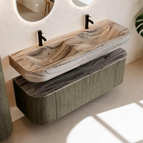 MONDIAZ THOR-DLUX 140cm meuble de salle de bains arrondi gauche + droite couleur Shadow avec 1 tiroir et 2 portes. Vasque suspendue CLOUD Double 2 trous de robinet couleur Sombra. SW1464241