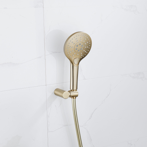 Fortifura Calvi Thermostatische badkraan - met ronde handdouche handdouchehouder en gladde doucheslang - PVD - geborsteld messing (goud) SW811975