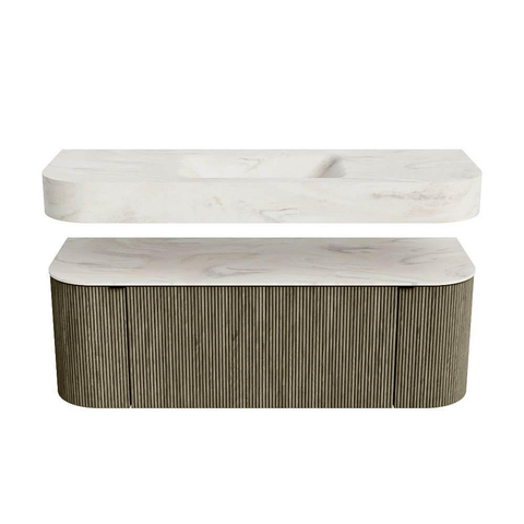 MONDIAZ THOR-DLUX 130cm meuble de salle de bains arrondi gauche + droite couleur Shadow avec 1 tiroir et 2 portes. Vasque suspendue CLOUD Milieu sans trou de robinet couleur Ostra. SW1463767