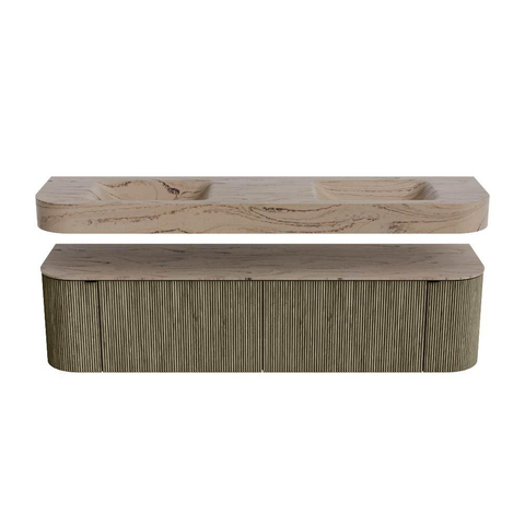 MONDIAZ THOR-DLUX 180cm meuble de salle de bains arrondi gauche + droite couleur Shadow avec 2 tiroirs et 2 portes. Vasque suspendue CLOUD Double 2 trous de robinet couleur Arena. SW1466146