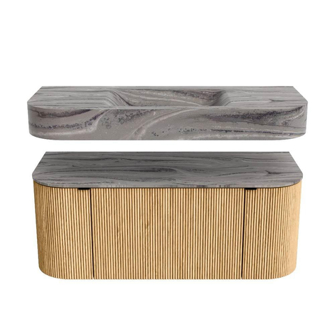 MONDIAZ THOR-DLUX 110cm badmeubel ronding links + rechts kleur Oak met 1 lade en 2 deuren. Vrijhangende wastafel CLOUD Midden 1 kraangat kleur Sombra. SW1463066