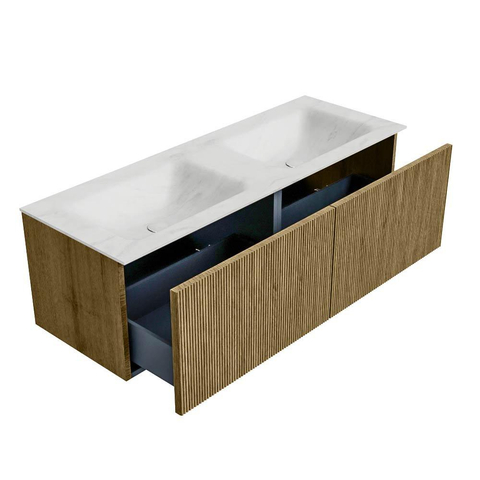 Mondiaz KURVE-DLUX Badkamermeubelset - 130x46x40cm - 2 lade - wastafel solid surface - dubbel - 2 kraangaten - Dusk SW1414962