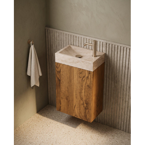 Saniclass Holz Pure Toiletmeubelset - 40x60.5cm - 1 deur - fontein travertine - kraangat rechts - walnut pure SW1577786