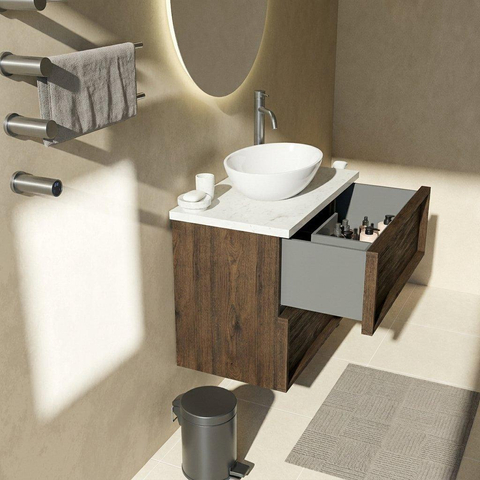 Saniclass Holz Frame Ensemble meuble de salle de bains - 80x45x63cm - Plan vasque en marbre Dia poli (blanc) - 1 trou de robinetterie - 2 tiroirs - chêne charcoal mat (bois) SW1579954