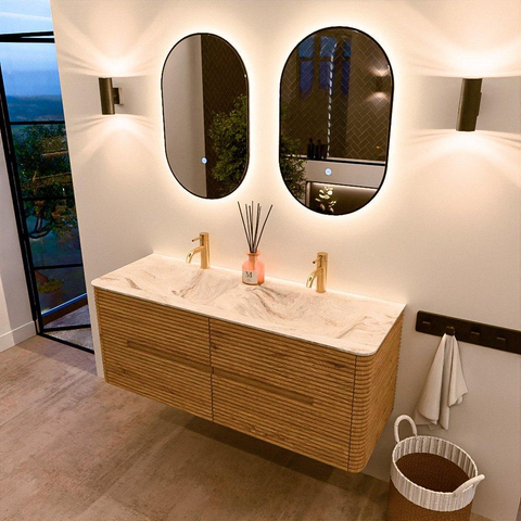 Mondiaz CIRO-DLUX Meuble de salle de bains - 130x45x50cm - Plan vasque solid surface Frappe - 2 vasques double - 2 trous de robinet - 4 tiroirs - Chêne SW1530872