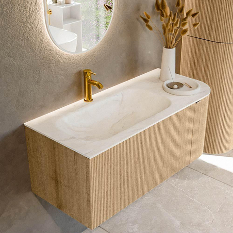 MONDIAZ KURVE-DLUX meuble de salle de bains 105cm avec module 25 R couleur chêne avec 1 tiroir et 1 porte. Lavabo BIG SMALL gauche 1 trou de robinet couleur Ostra. SW1137733