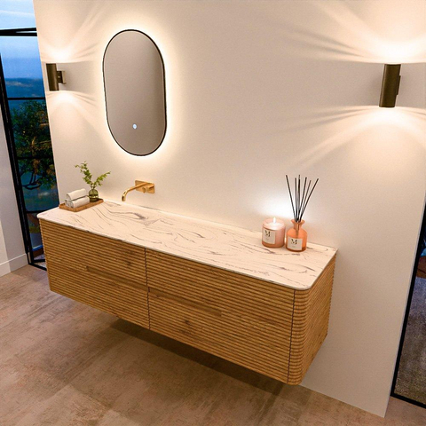 Mondiaz CIRO-DLUX Ensemble de meubles de salle de bains - 170x45x50cm - Plan vasque solid surface Nata - 1 vasque à gauche - sans trous de robinetterie - 4 tiroirs - Chêne SW1531477