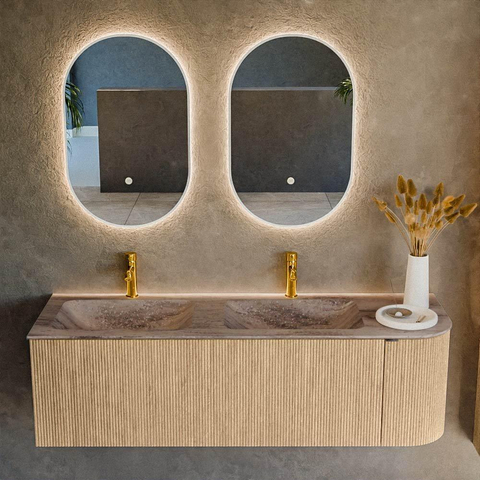 MONDIAZ KURVE-DLUX meuble de salle de bains 145cm arrondi à droite couleur chêne avec 1 tiroir et 1 porte. Lavabo LEAF double / gauche 2 trous de robinet Oza. SW1432676