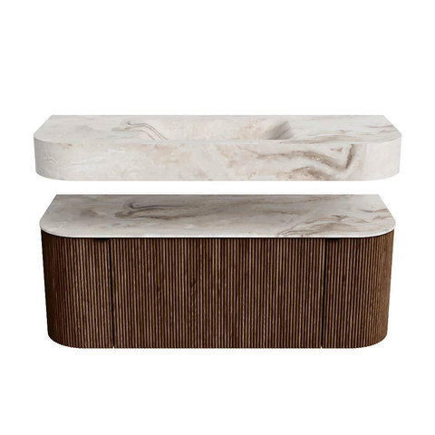 MONDIAZ THOR-DLUX 120cm badmeubel ronding links + rechts kleur Walnut met 1 lade en 2 deuren. Vrijhangende wastafel CLOUD Midden 1 kraangat kleur Frappe. SW1463249