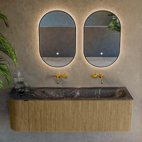 Mondiaz KURVE-DLUX Ensemble meuble de salle de bains - 145x46x40cm - 1 tiroir - 1 porte - lavabo solid surface - droit - sans trou de robinet - Dusk SW1415281