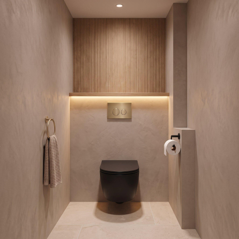 QeramiQ Dely Swirl Ensemble WC- 36.3x51.7cm - Réservoir encastré Geberit UP320 - abattant fin - Plaque de commande en laiton brossé - Boutons ronds - Noir mat SW1130200