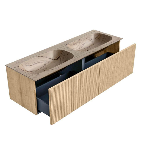 MONDIAZ KURVE-DLUX Meuble de salle de bains 140 cm couleur Oak avec 2 tiroirs et 0 portes. Lavabo STOR SMALL Double 2 trous de robinet Arena. SW1431157
